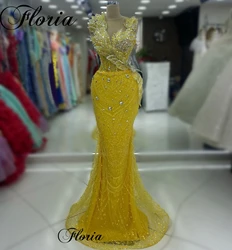 New Special Yellow Prom Dresses Mermaid Crystals Elegant Cocktail Dresses For Women Vestidos De Noche Wedding Party Dresses