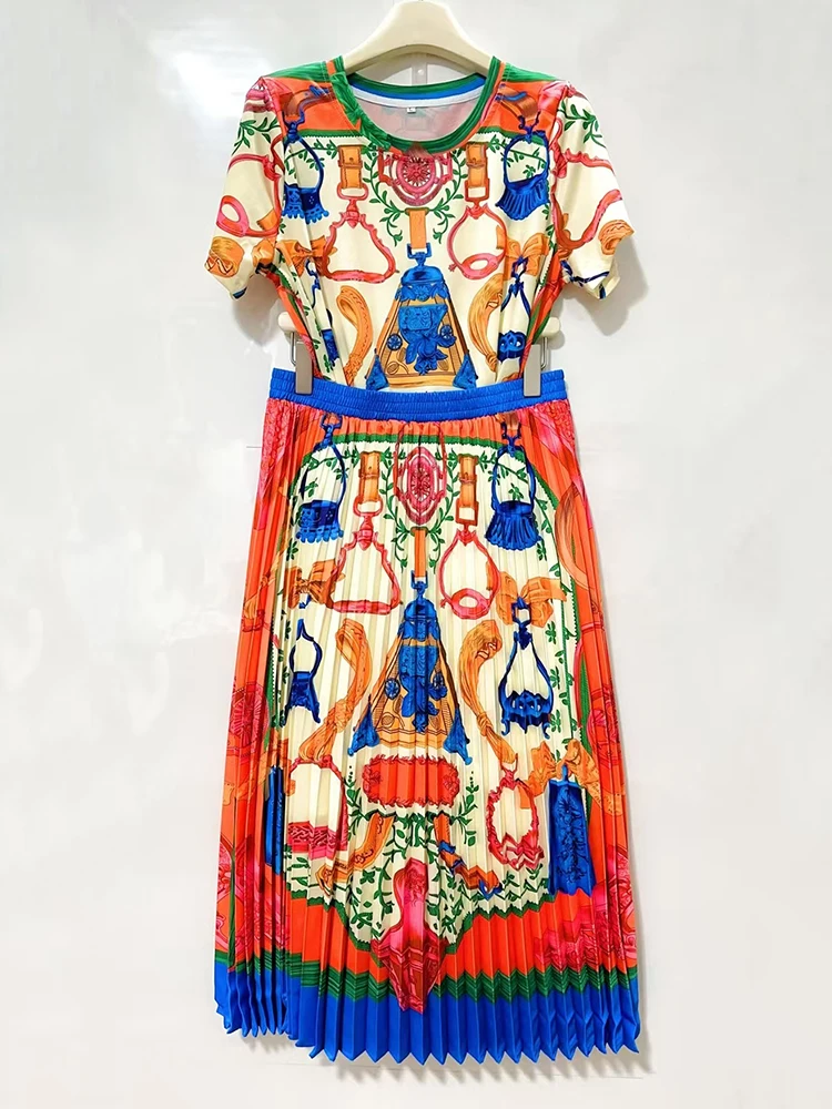 تي شيرت محبوك مطبوع عليه صورة هندسية كلاسيكية للسيدات لصيف 2025 طقم مكون من قطعتين + تنورة فضفاضة بطيات طقم أزياء