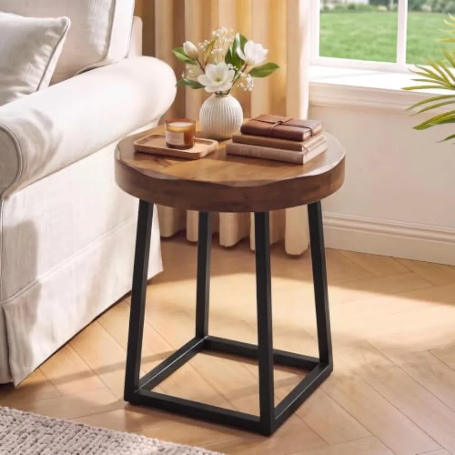Solid Wood Round Side Table, Live Edge End Table with Metal Base