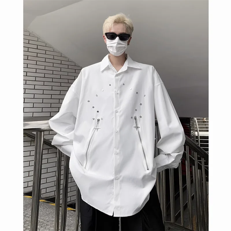 2023 autumn niche deconstructed metal riveted zipper design shirt men's long sleeve fashion brand Korean version shirt