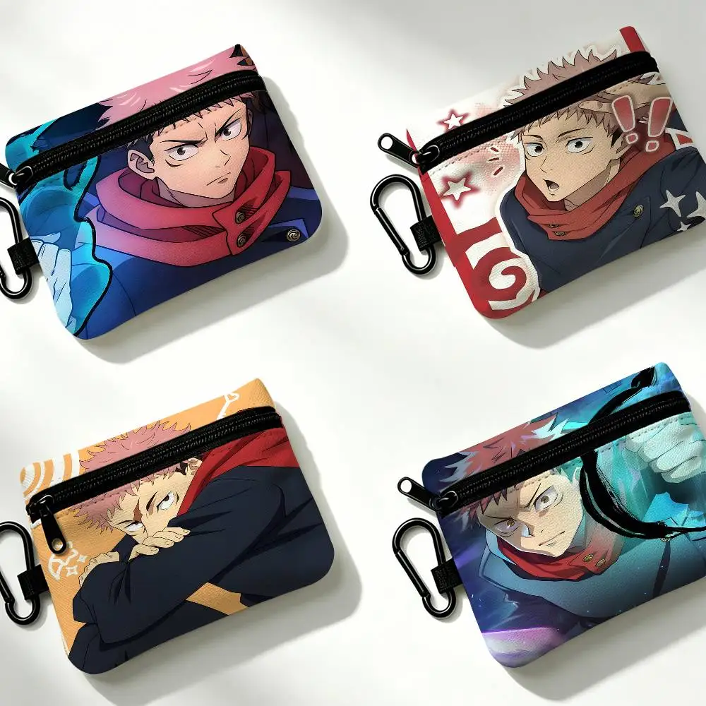 Anime Character Yuji Itadori Portable Oxford Fabric Mini Wallet Carabiner Design Small Coin Bag For Cards Keys Earphones