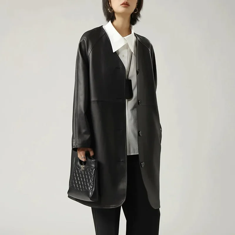 Modischer Trenchcoat aus Schaffellleder mit V-Ausschnitt für Damen, echtes Leder, Herbst und Winter, V-Ausschnitt, Raglanärmel, zum Binden