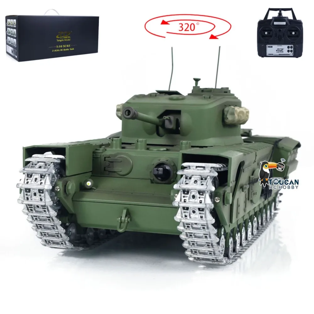 รถถังทหารบังคับวิทยุ TD 1/16 รุ่น Churchill Mk.VII ของสหรัฐอเมริกา ตัวถังโลหะแท้ รางโลหะ ระบบต่อสู้อินฟราเรด พร้อมใช้งาน รถถังไฟฟ้าสำหรับผู้ใหญ่