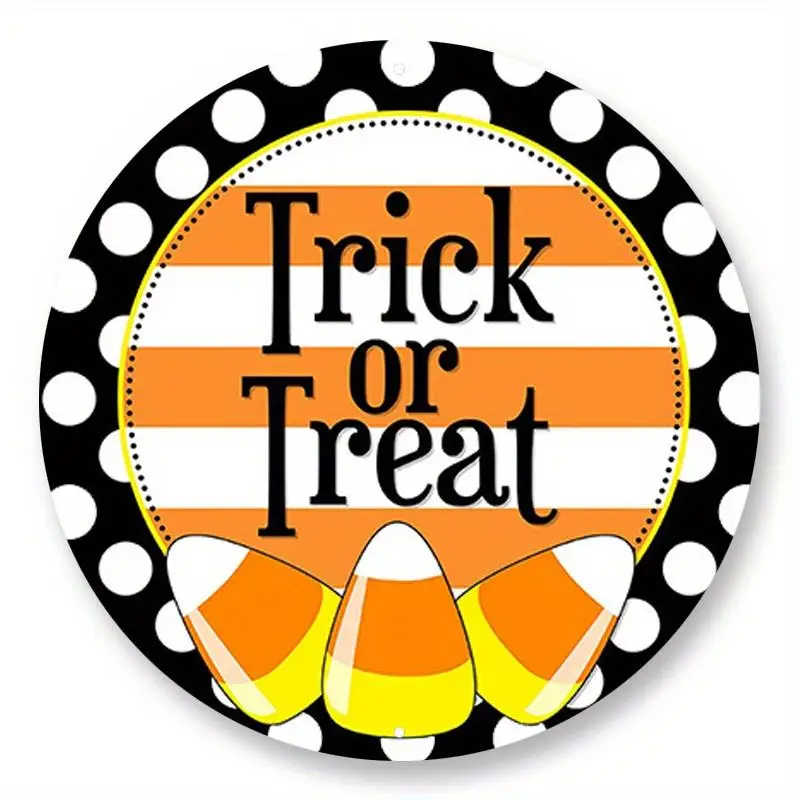 Halloween Metal Sign 7.87x7.87 Inch - Trick or Treat Corn Candy Wreath Hanging Decor, 1 Piece Indoor Outdoor Yard Art
