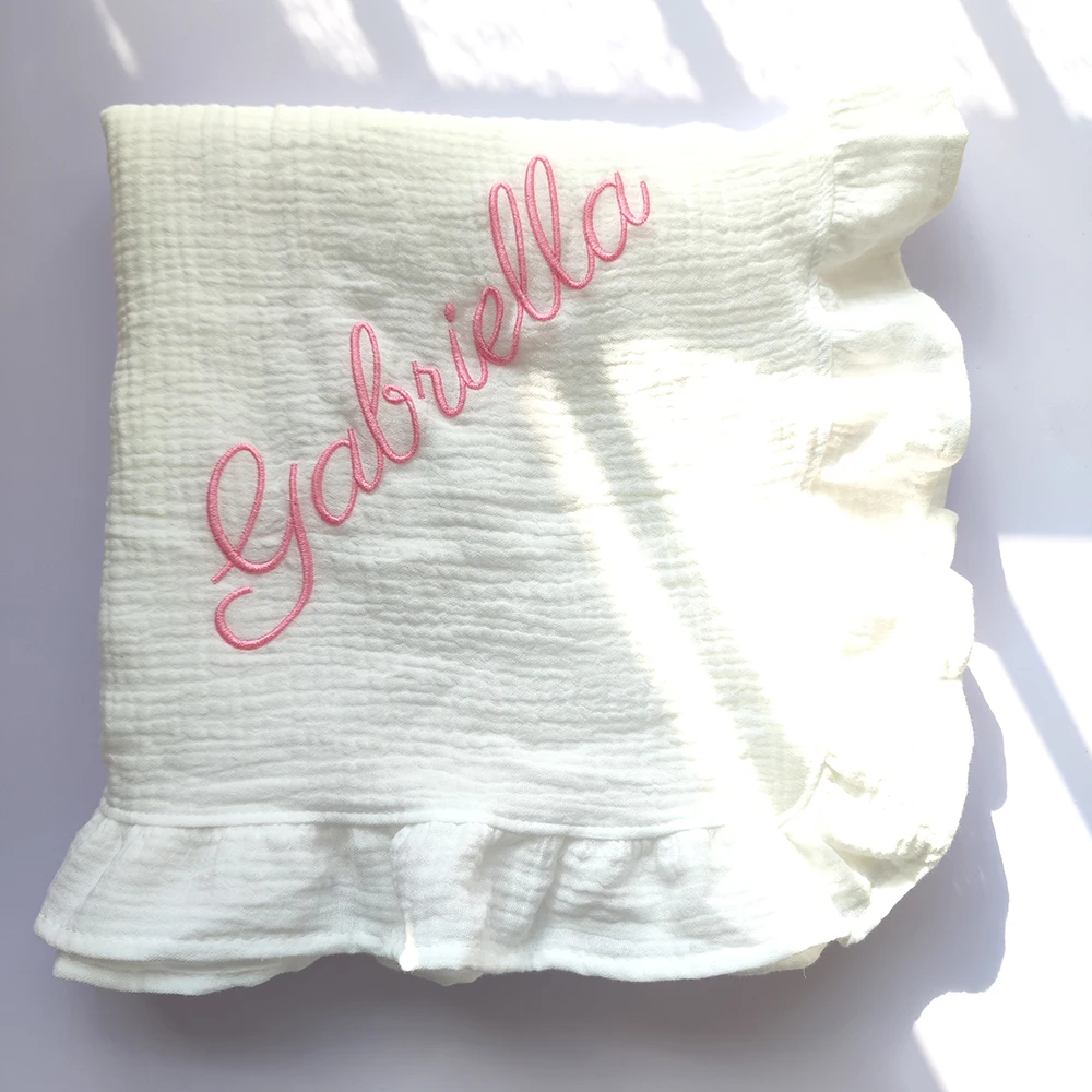 Ruffle Blanket Customize Name Personalized Embroider Baby Blanket Cotton Baby Comforter Cotton Infant Blanket Swaddle Bath Towel