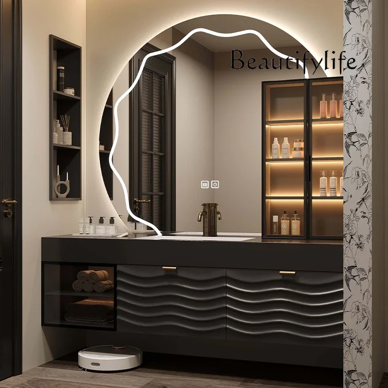 

Q Light luxury hotel style oak bathroom cabinet rock slab integrated basin washstand toilet wash basin cabinet bathroom cabinet