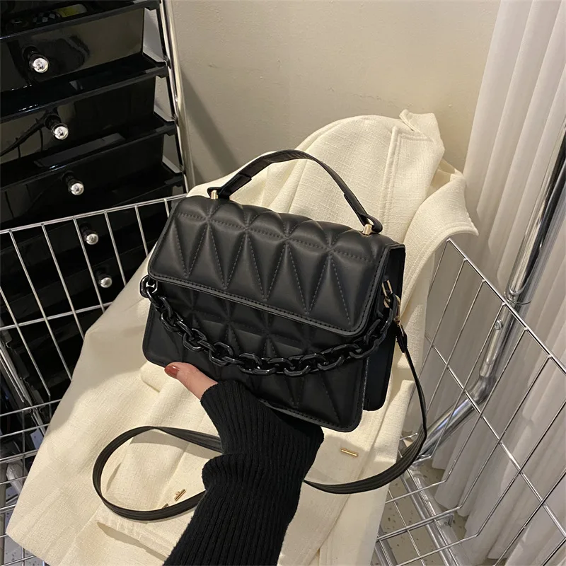 Chic Quilted Mini Square Tote Bag, Retro Diamond Stitch with Chain Accent, Top Handle Crossbody Shoulder Bag for Modern Everyday