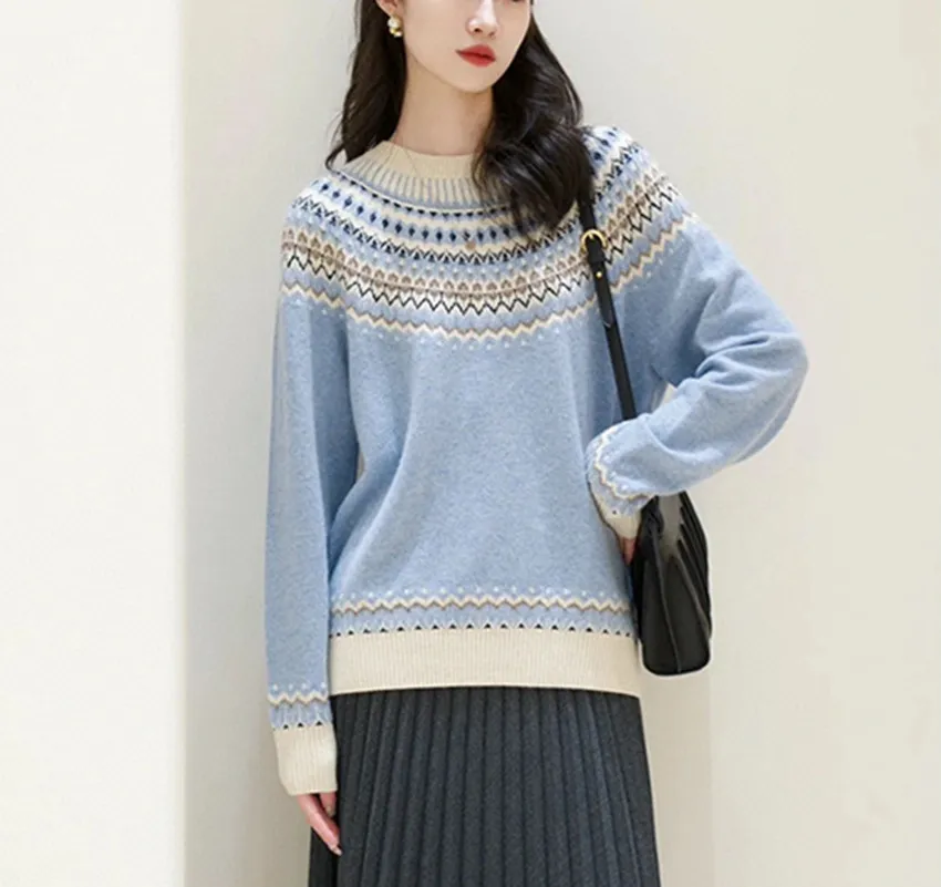 Autumn and Winter New Vintage Fairisland Jacquard Loose Crewneck Wool Blend Sweater Top