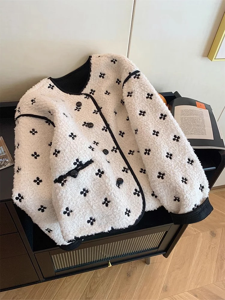 

Korean Sle Chic Sweet Lamb Fur Jaet Loose Warm round Ne Men's Faionable Autumn Winter Cotton Coat Button Closure