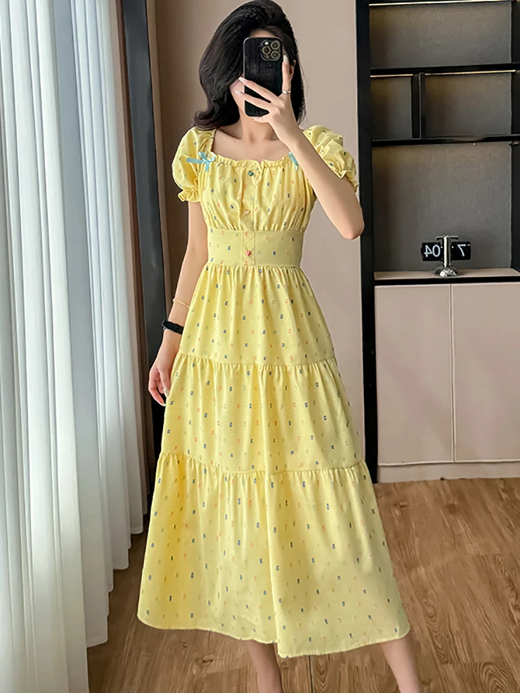 

Women Elegant Causal Polka Dot Long Dress Summer Puff Sleeve Bow Ruffled Square Collar Dress 2025 Korean Fashion Bodycon Dresses