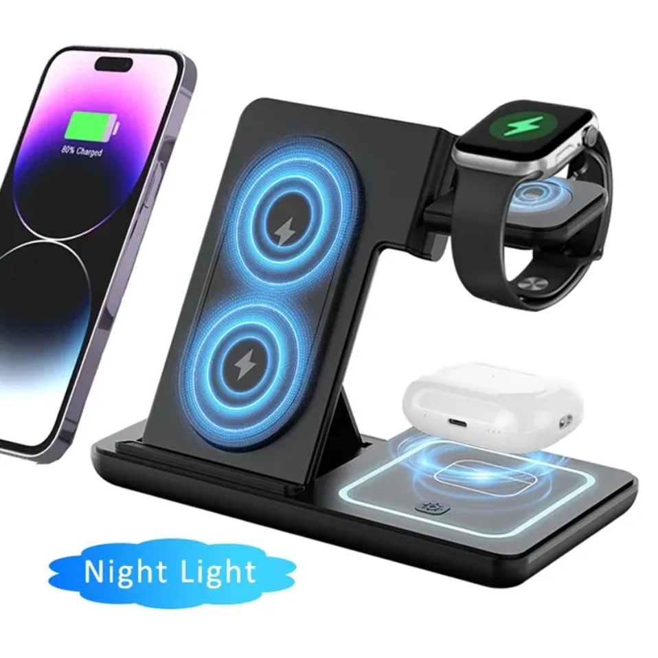 Night LED Light 3 In 1 Wireless Charger Foldable Stand For iPhone Samsung Apple Watch 2-11 SE Airpods Pro Fast Charging Station
