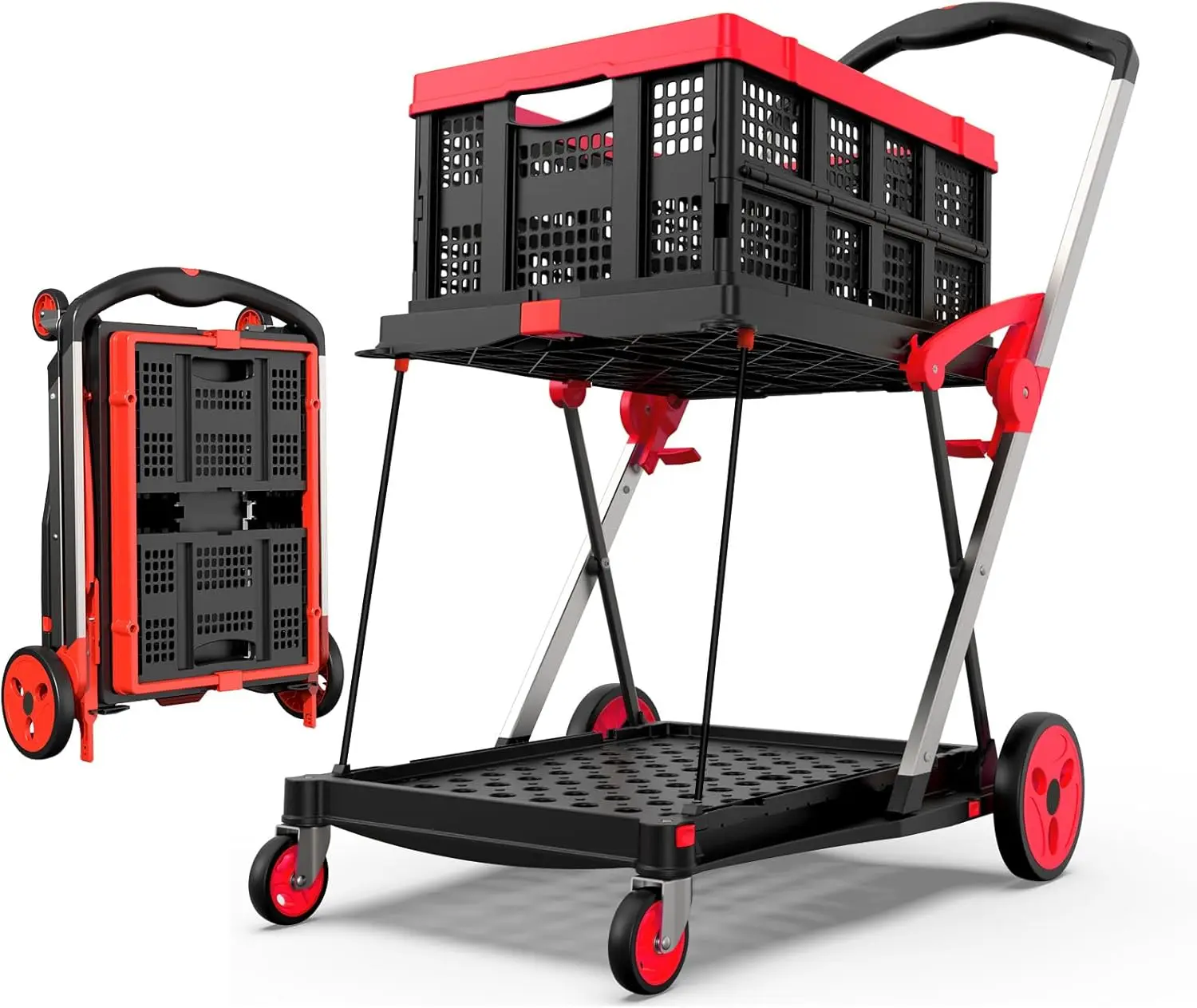 

Foldable Shopping Cart with Wheels, 200 lbs Capacity, Storage Basket, Foot Brake, Red
