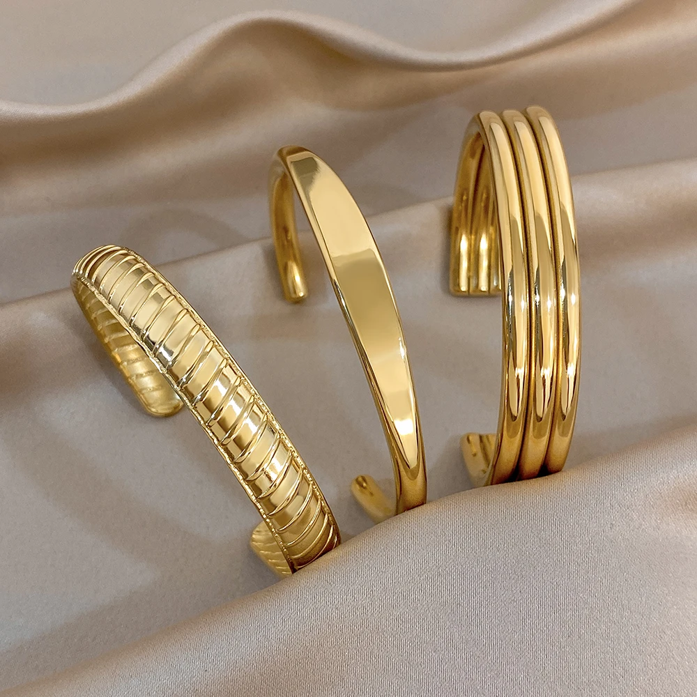 DODOHAO Fashion Glossy Golden Stainless Steel Open Bangle for Women Hip Hop Stackable Geometric Cuff Bracelet Waterproof Jewelry