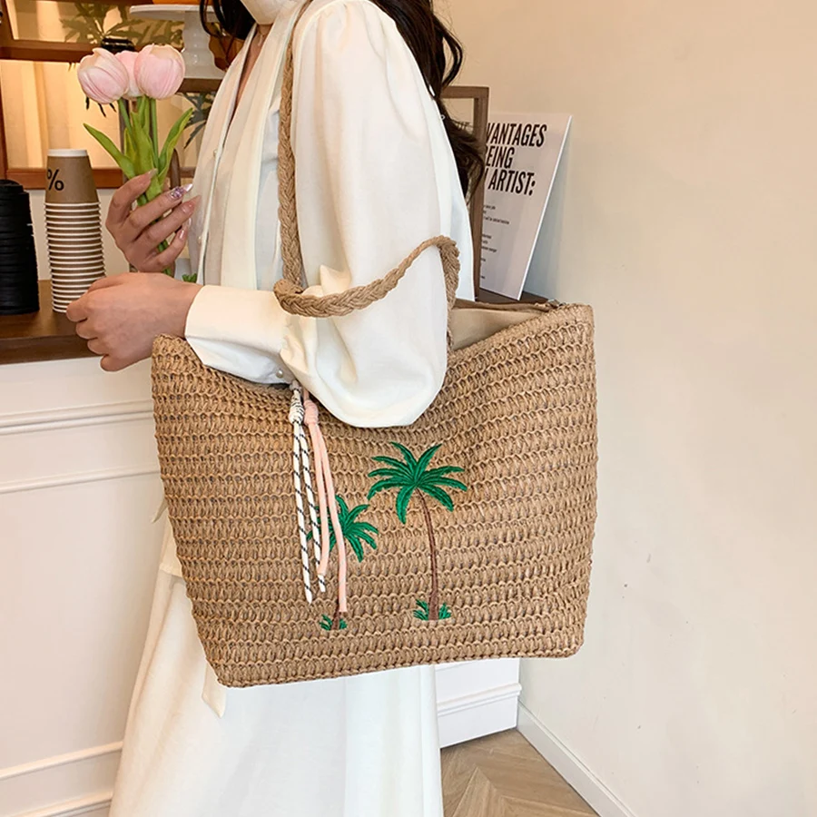 Summer embroidery style large capacity woven straw woven bag for women, new beach vacation shoulder bag, casual commute tote bag