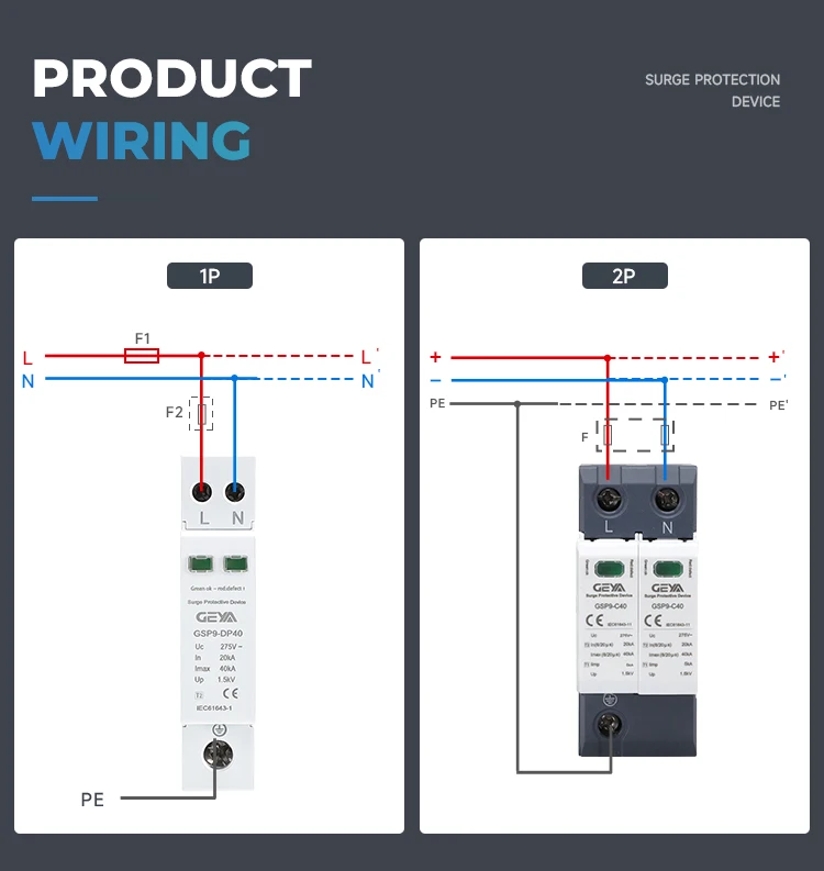 GEYA GSP9 1P+N 18mm SPD 20~40KA Surge Protector Lightning Protection Low-voltage Arrester Device AC275V SPD