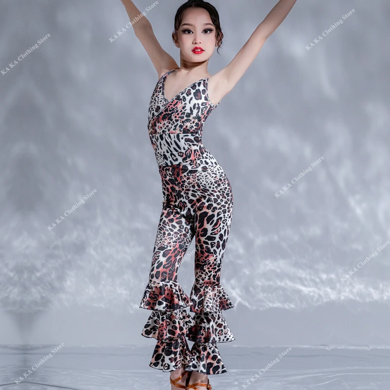 Rumba Leopard Latin Dance Dress Girls Competition Chacha Tango Salsa Latin Dance Stage Dress Showgirl Latin Dance Skirt Child