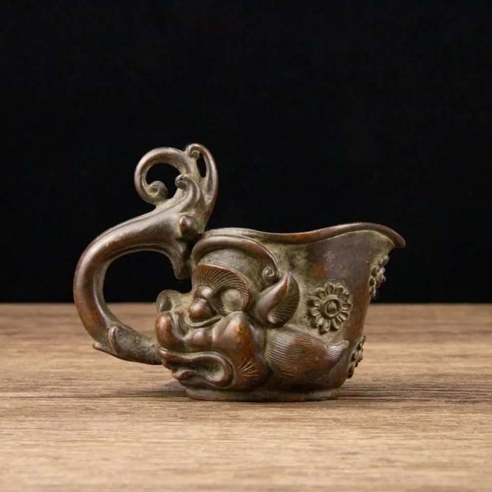 Estatua de Feng Shui de recipiente de vino con cabeza de bestia de latón antiguo, adorno decorativo para el hogar