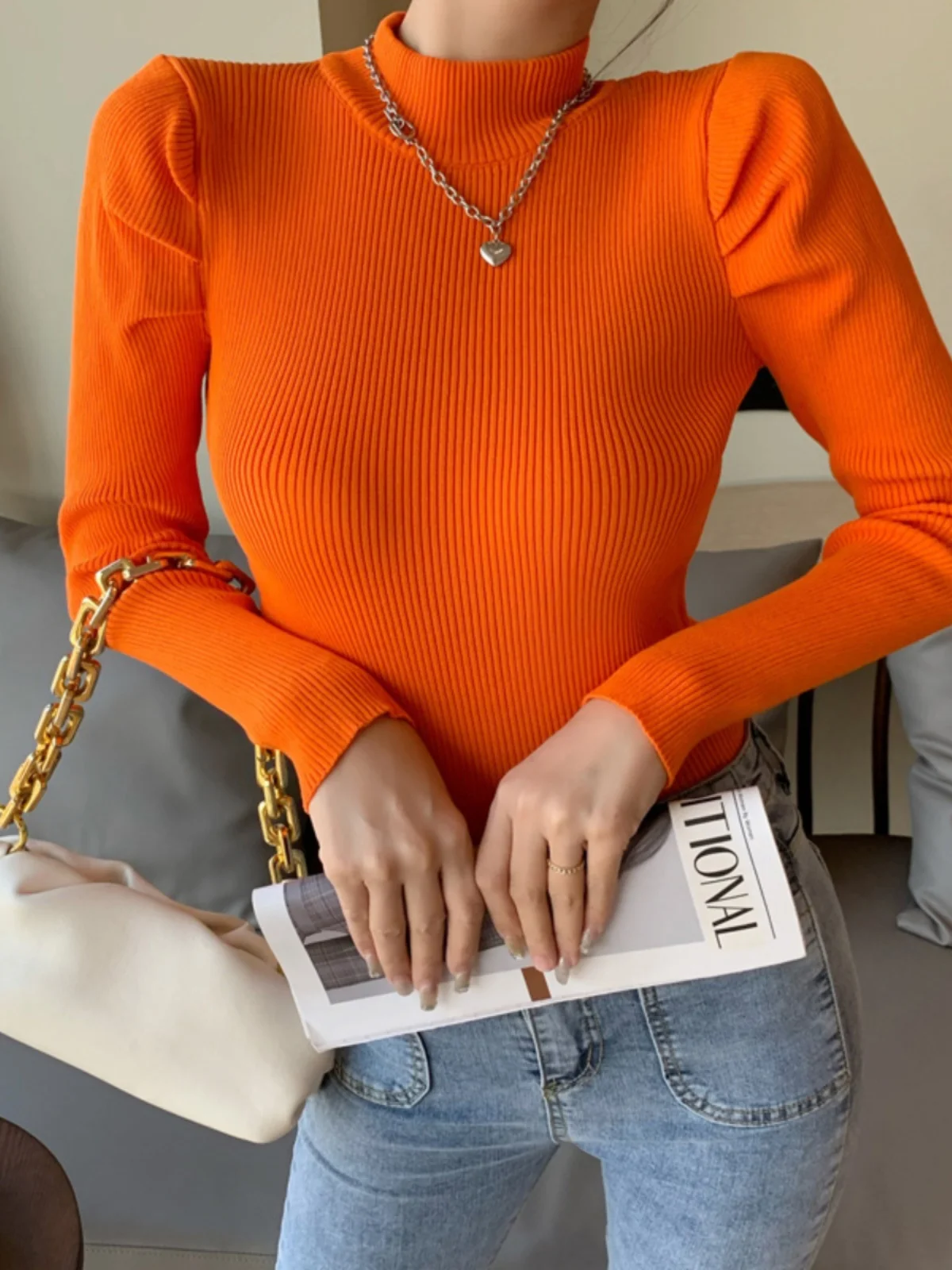 

Faionable Sweet Lady Sle Knitted Sweater High Collar Slim Fit Bubble Sve Base Layer Top Trendy Commute Sle Regular Fit