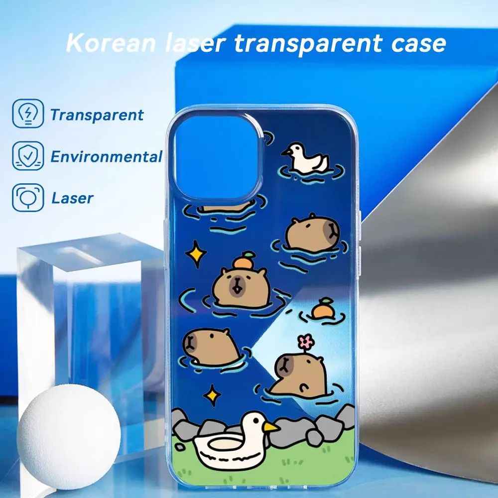 Coque de téléphone transparente à motif Capybara animal mignon, design dégradé laser, pour iPhone 17 16 15 14 13 12 Pro Max Plus