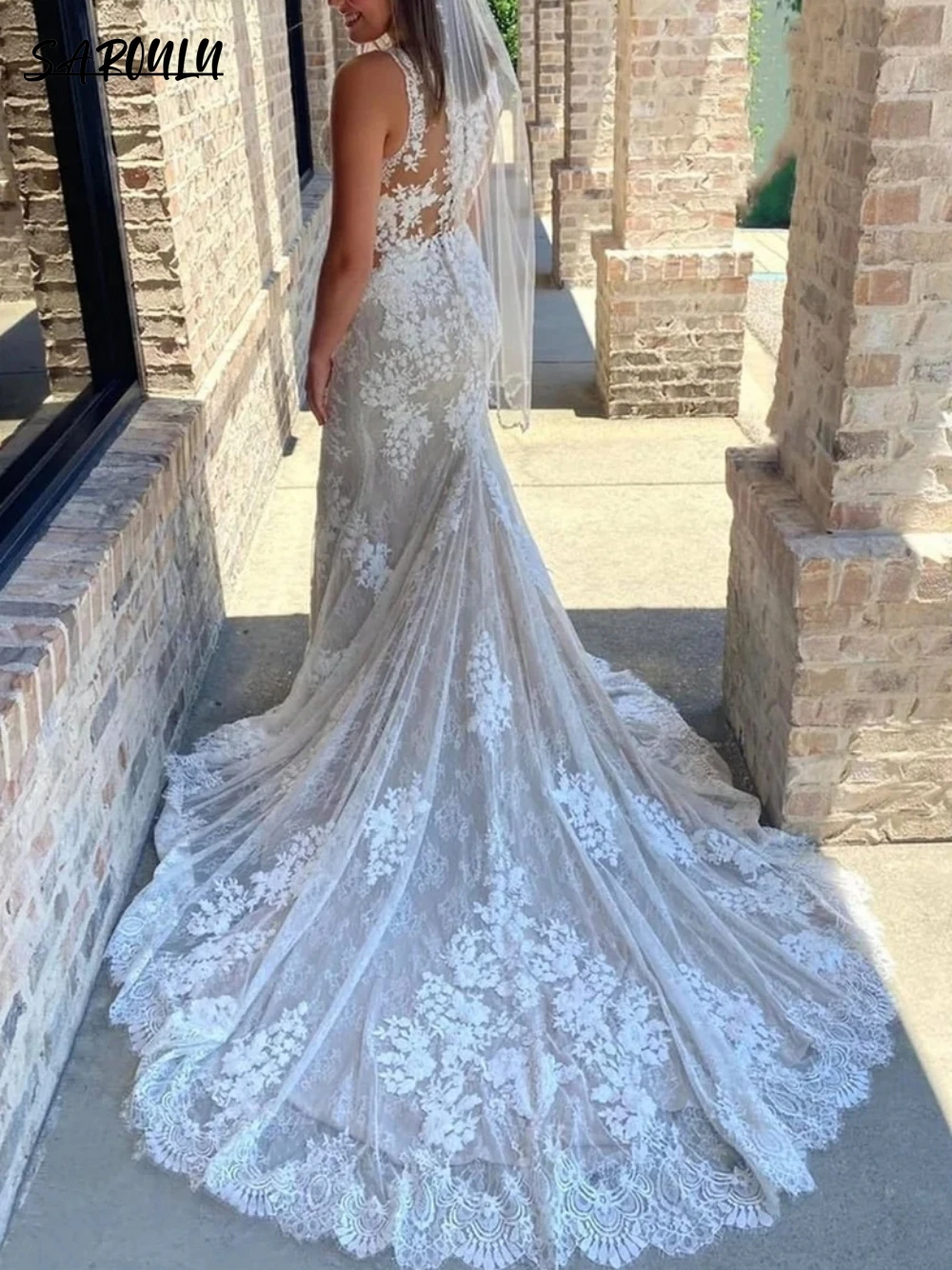 

Роскошное белое кружевное длинное свадебное платье с юбкой-годе и V-образным вырезом, свадебные платья с полной подкладкой