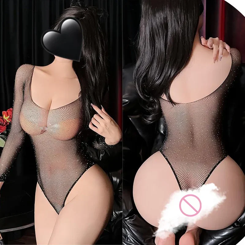 Erotic lingerie Open crotch temptation one-piece mesh socks fine mesh hot diamond bikini underwear women Clothing sets Stockings