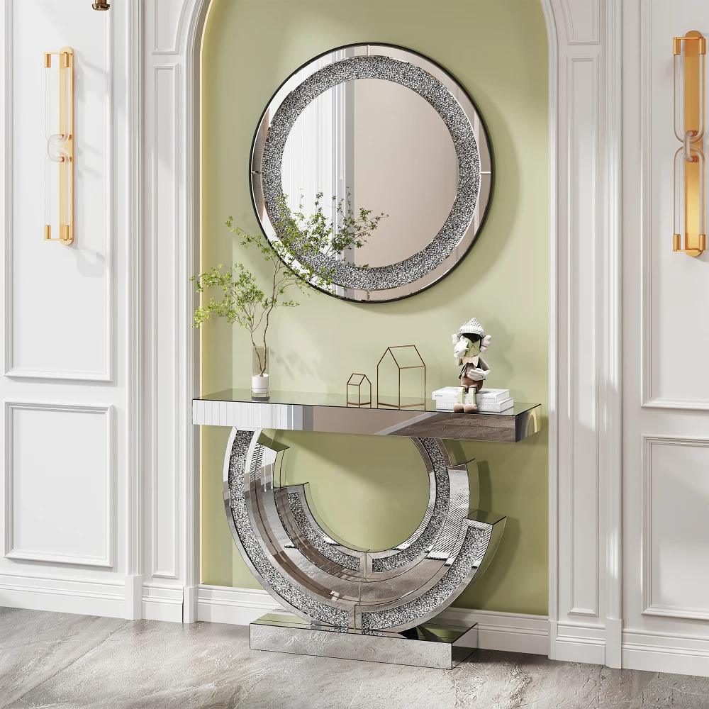 

Sparkly Silver Crystal Crush Diamond Round Mirror 33.46"(85cm) Decorative Wall Mirror for Home Bathroom Living Room