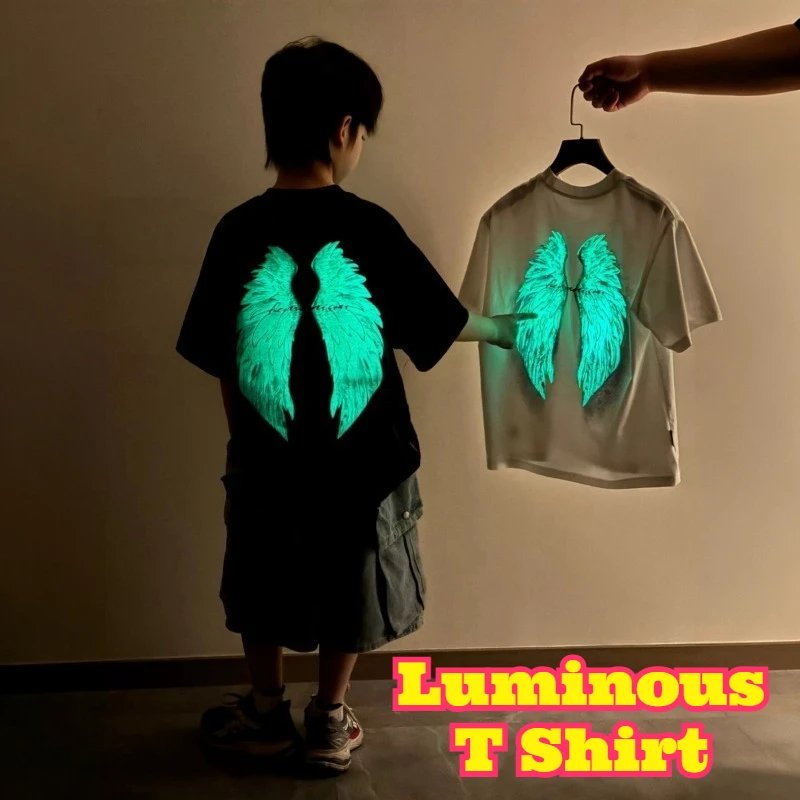 

Luminous Wing Print Shirt Glowing Short Sleeve Stylish Breathable Soft Summer Casual Outdoor Daily Loose Trendy Comfort Apparel