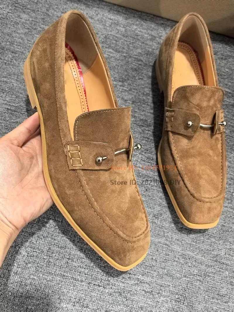 

Mens Shoes Suede Brown Leather Slip On Metal Decor Driving Loafers Retro Gentleman Square Toe Party Flats Men High Quality Gifts