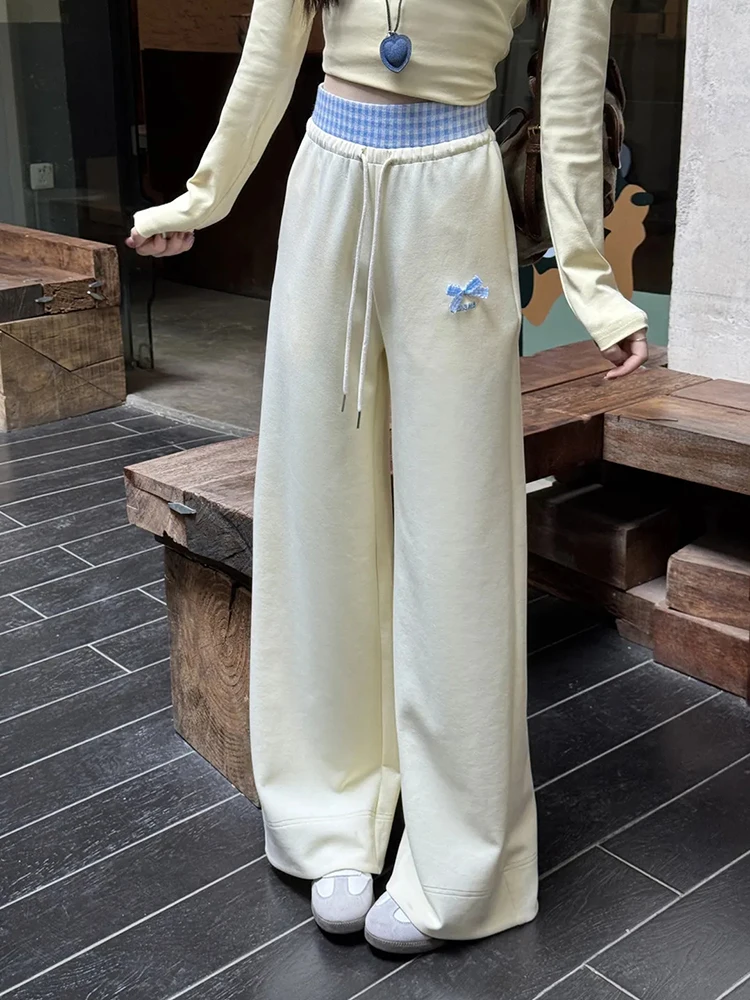 

Zoki Cute Bow Casual Pants Women Plaid Patchwork High Waist Wide Leg Trousers Japan Loose Vintage Lady Spring Kawaii Sweet Pants