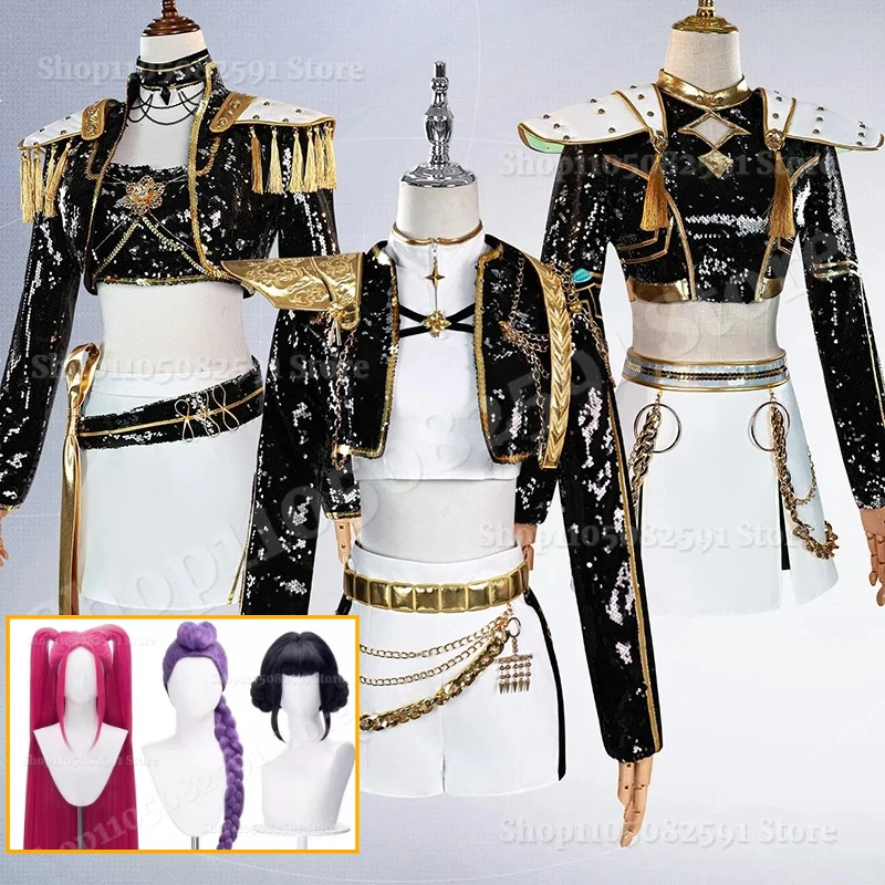 

K-Pop Rumi Zoey Mira Cosplay for Demon Hunters Cosplay Costume Wig Women Black Golden Suit Halloween Party Role Playing Outfit