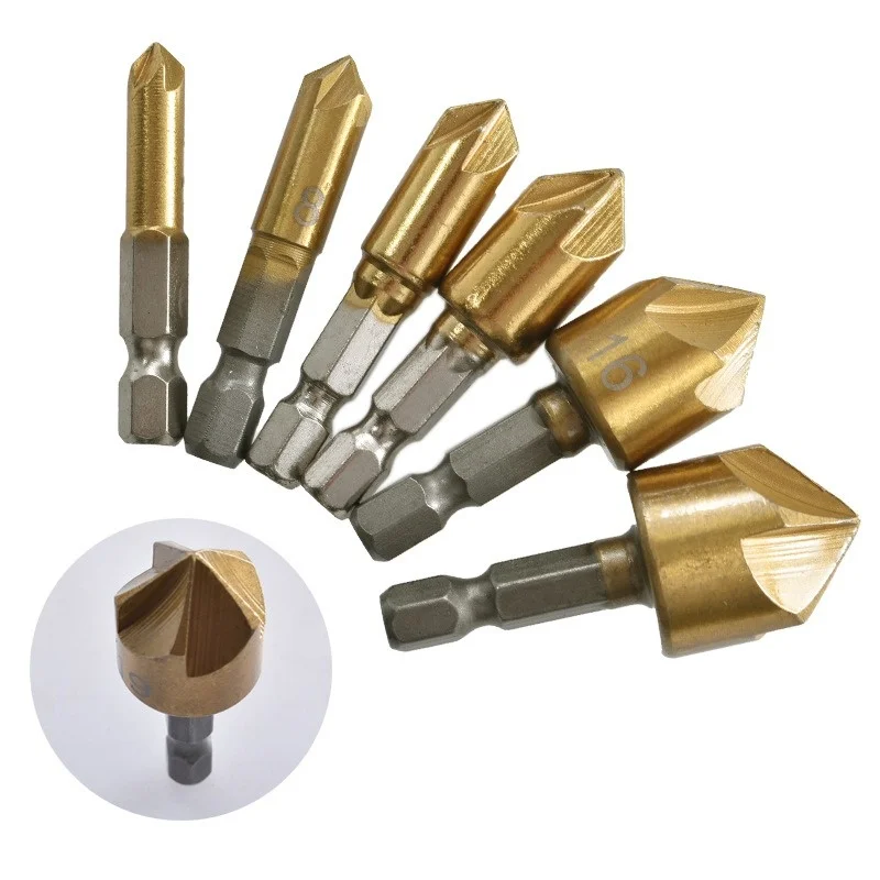 Hexagonal Shank Five-blade Countersink Drill Chamfer Bit Reaming Chamfering Tool 6-19mm Woodworking Hole Opener Drill Bit Tools