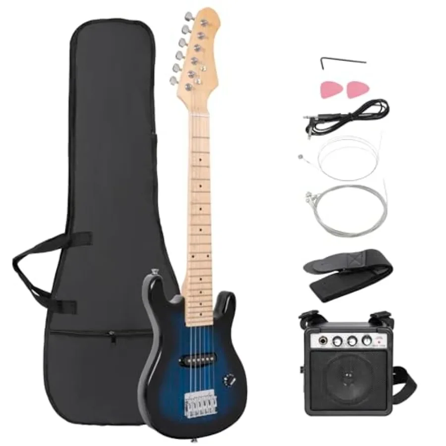 

electric guitar set for beginner practice: 30-inch blue guitar with 5W amp, cable, pick, shoulder strap, gig bag, and accessori