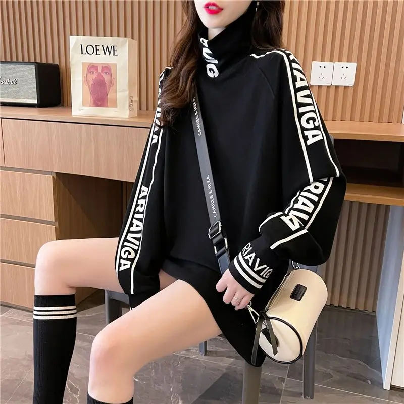 Trend Letter Print Loose Tops Spring Autumn Long Sleeve High Necked Solid All-match T Shirts Fashion Street Casual Women Clothes