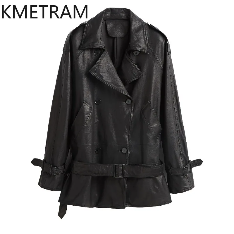 KMETRAM Genuine Leather Coat Fully Vegetable Tanned Sheepskin Black Leather Jacket Woman Belted Jacket of Woman Lapel Outwear 자켓