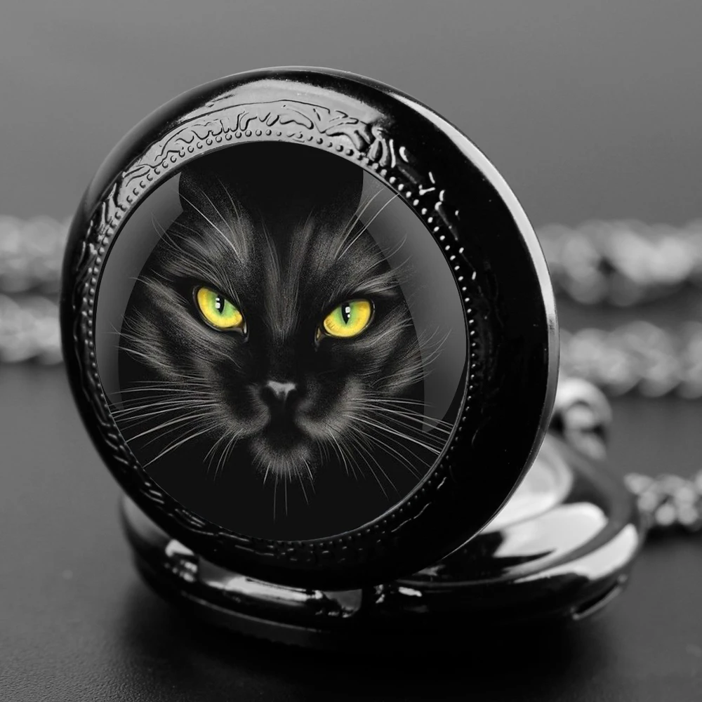 Black Cat Glass Dome Quartz Pocket Watch With Durable Chain Arabic Numeral Dial For Men And Women Creative Gifts