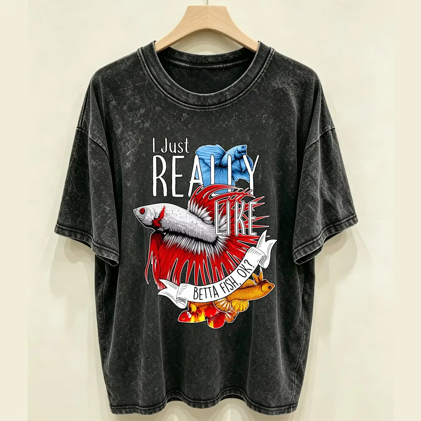 washed T Shirt Betta Fish Funny Lover Cute Pet Siamese Fighting Tropical Aquarium Keeping Tank long or short sleeves vintage