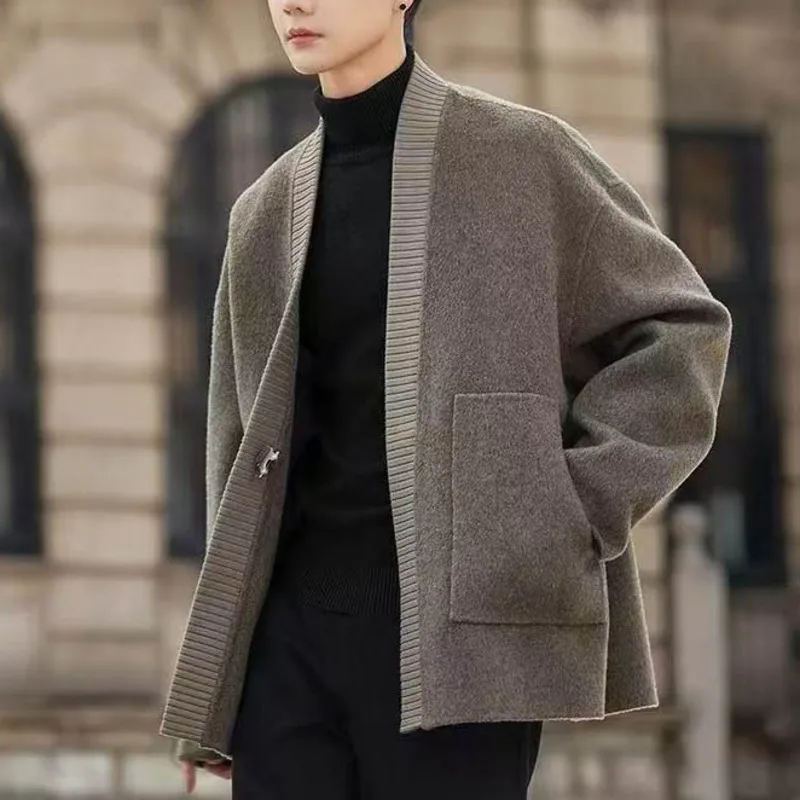 WVGA Autumn Winter New Men Tide Chinese Style Double-Sided Woolen Jacket Niche Chic Casual Thickened Collarless Overcoats W17038