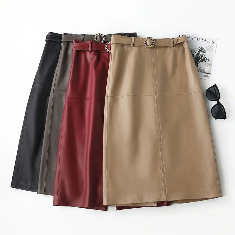 Leather Long Skirt For Women Female Lambskin Leopard Ring Belt Back Slit Hip Wrap Jupe Mujer Versatile White Party Outfits 65cm