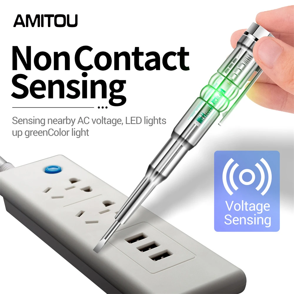 AMITOU B14 Screwdriver Test Pen Non-contact Voltage Meters with Screwdriver Probe 24-250V Tester Volmeter with Light Sound Alarm