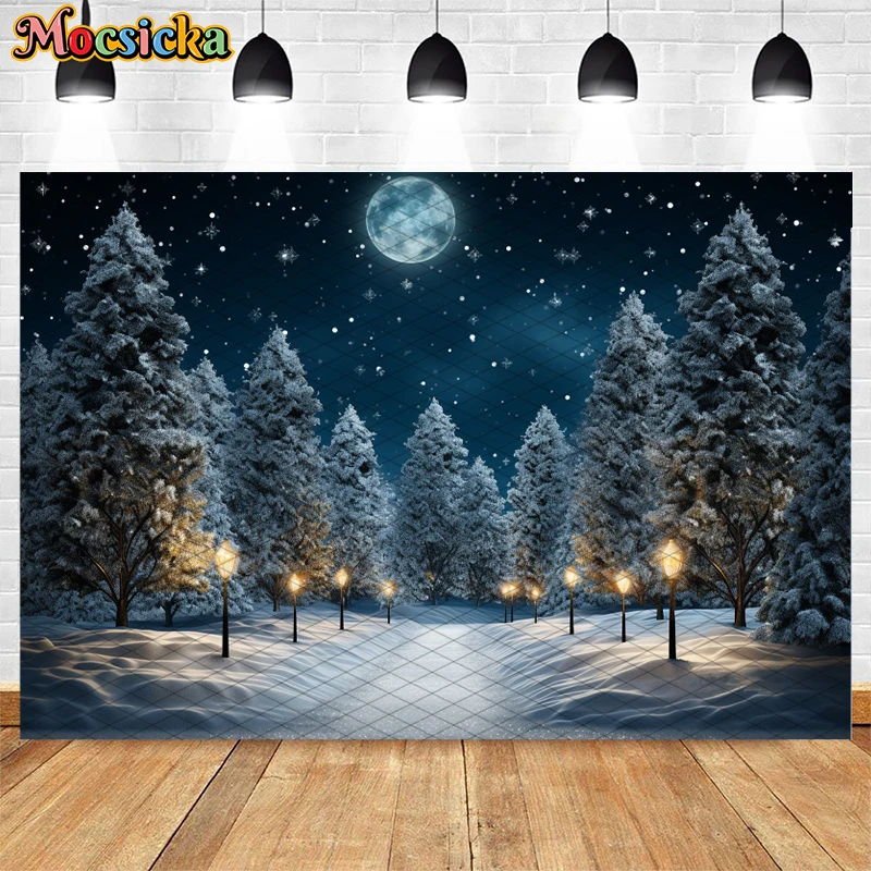 Mocsicka Snowy Forest Xmas Backdrops Kids Adult Photography Backdrops Child Baby Big Moon Christmas Snowflake Trees Background