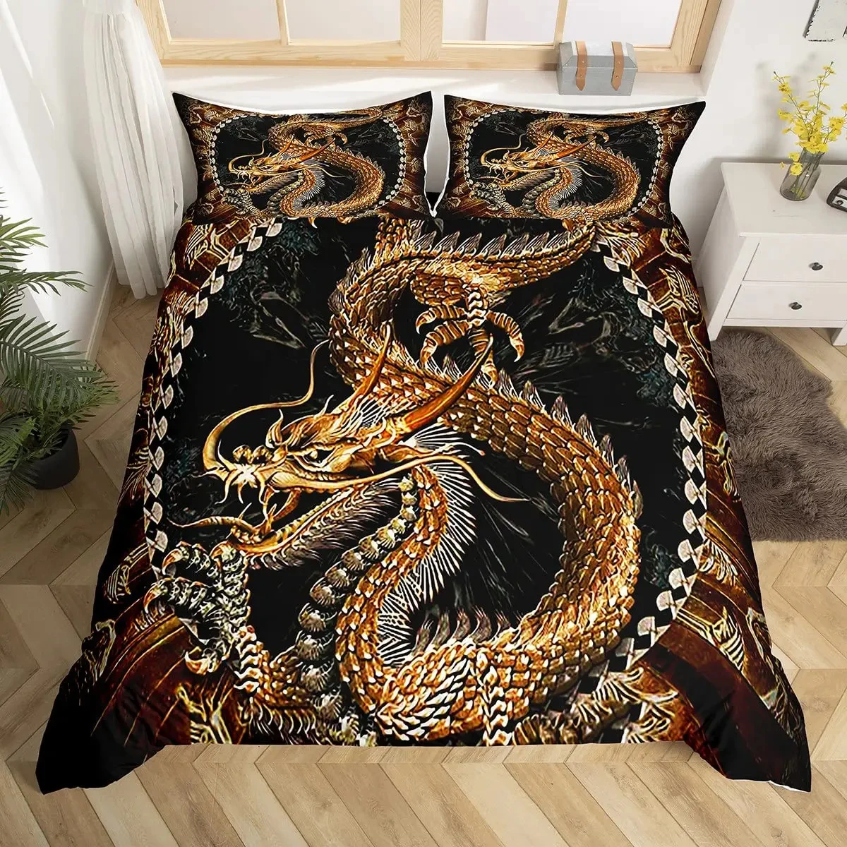 

Dragon Duvet Cover King Size Kids Mythical Animal Bedding Set Microfiber 2/3pcs Quilt Cover Set for Girls Women Black Gold Decor