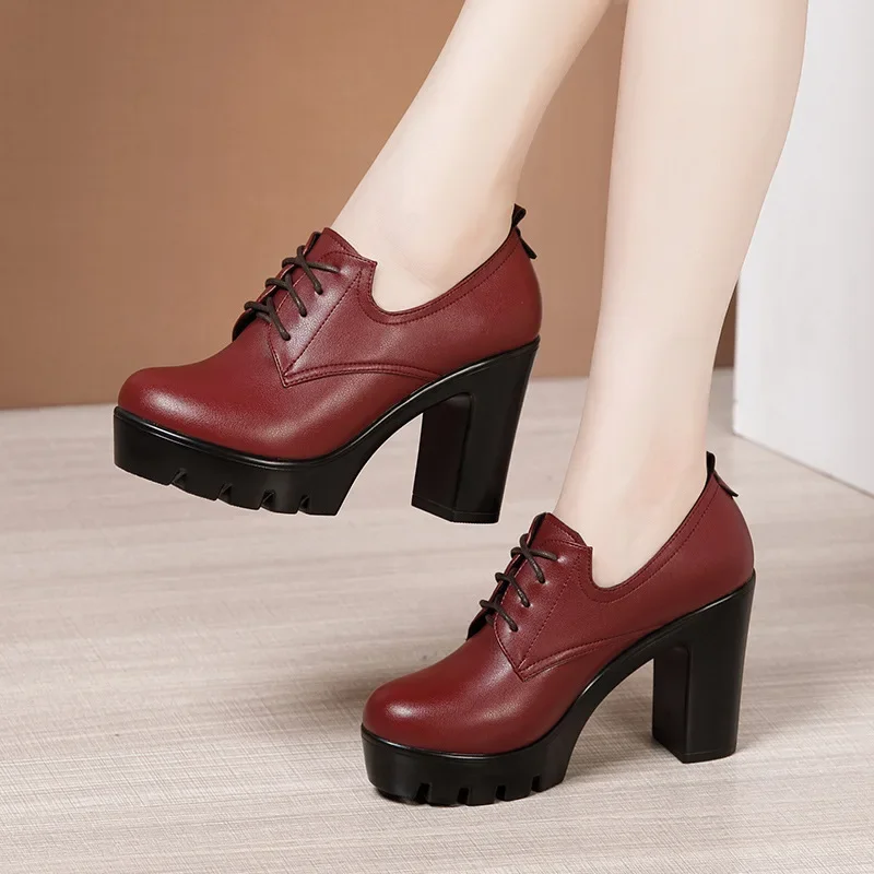 Small Size 32-43 British Female Oxfords Women\'s Block High Heels Platform Pumps 2024 Deep Mouth Soft Leather Shoes with Fur