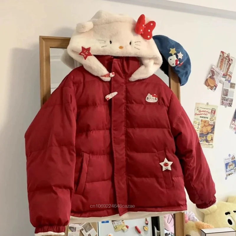 Sanrio Hello Kitty New Cute Red Coat Women Autumn Winter College Style Cotton Jacket Plush Hooded Y2k Japanese Style Zipper Tops