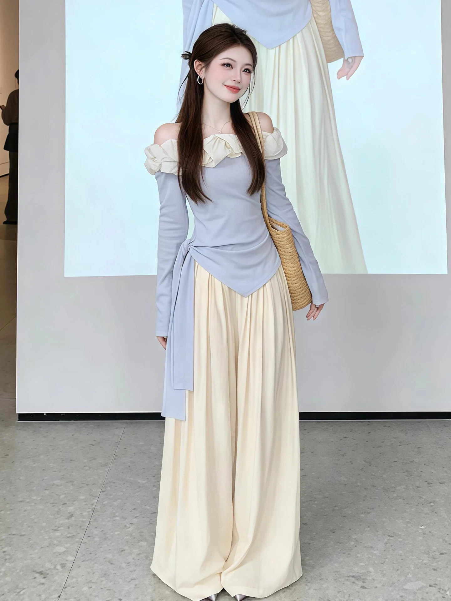 

Повседневный женский весенний модный комплект: топ с цветочным кружевом и длинными рукавами, брюки из смесового хлопка и полиэстера с высокой талией