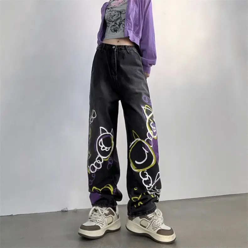 Jeans taille haute College peints à la main pour femmes, pantalons hip hop, streetwear vintage, jambe large, vêtements Y2K, nouvelle mode