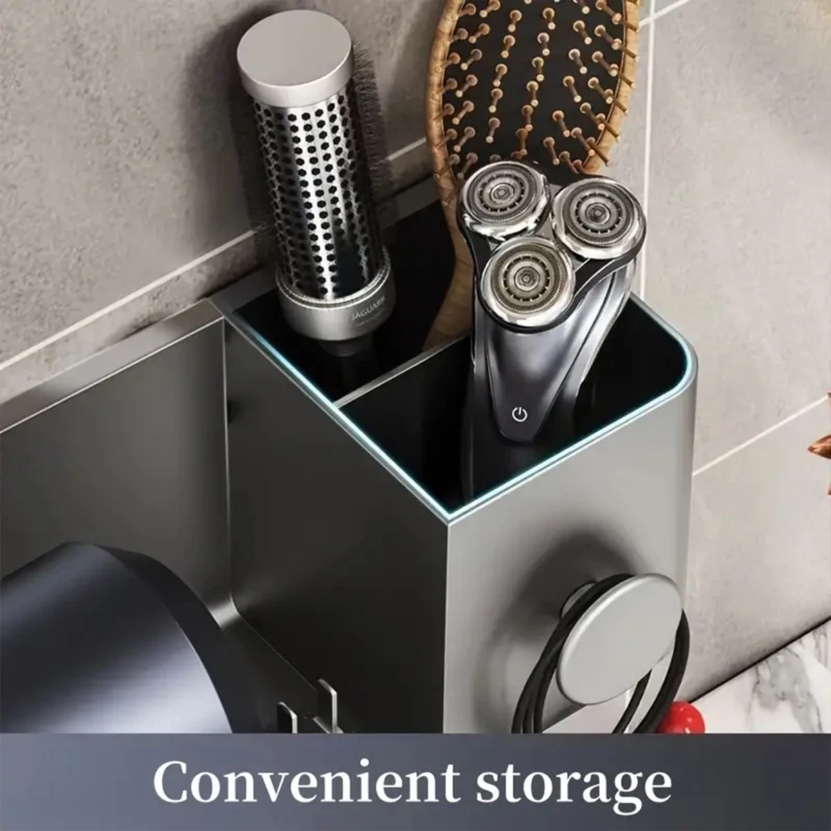 رف تخزين مجفف الشعر الكهربائي، حامل مثبت على الحائط للحمام بدون ثقب، رف تخزين جهاز تهوية الحمام