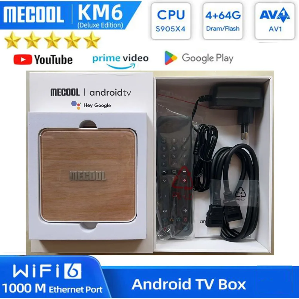 

[Genuine]MECOOL KM6 Deluxe Edition Smart TV Box Wifi6 AV1 Google Certified Android10 4G 64G 4KUHD Amlogic S905X4 1000M LAN BT5.0