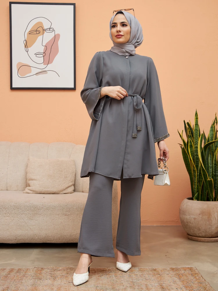 Women Spanish Leg Tunic Pants Suit New Season Muslim Set Islamic Combination Belt Sleeves with Stones and Buttons Hidden Pat