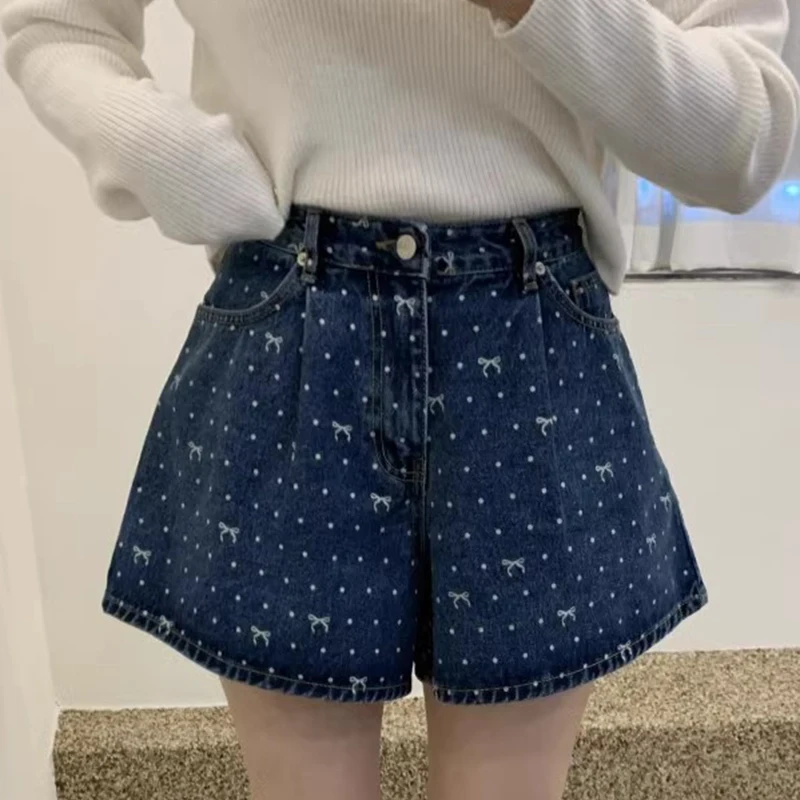 بنطلون جينز نسائي صيفي أنيق مطبوع عليه نقاط البولكا بخصر عالٍ وواسع الساق شورتات جينز نسائية بعقدة على شكل فراشة ملابس متعددة... #3