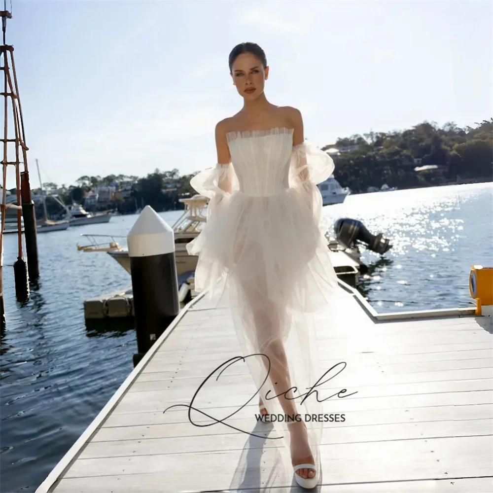 QICHE Simple Pleat Tulle Short Wedding Dress 2026 Strapless Sleeveless Open Back Bridal Party Gowns Customized Vestidos De Novia